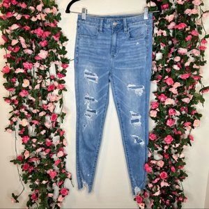 🌹American Eagle Light Wash Super Hi Rise Jeggings Womens 2 Short Distressed